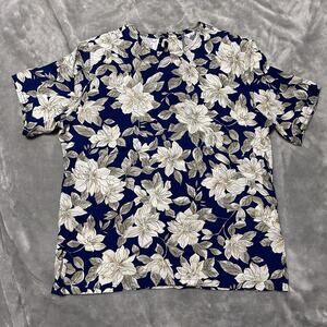 vintage Sophisticated pendleton Medium Blue Floral Short Sleeve Blouse Hawaiian